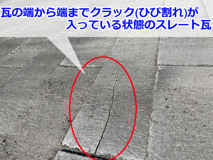 東灘区 瓦の端から端までクラック(ひび割れ)が入っているスレート瓦