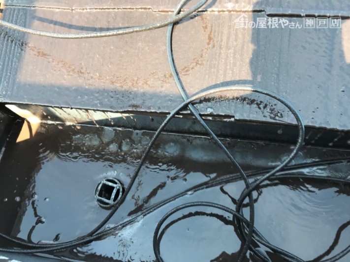 屋根の汚れや、苔のカスによりドロドロに汚れた水が排出されていきます。