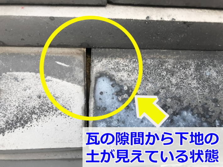 のし瓦の隙間から下地の土が見えている状態