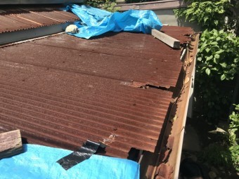 トタン波板葺き サビにより穴が開いてます。