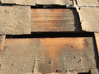瓦を捲ると下から湿った下地の木が出て来た