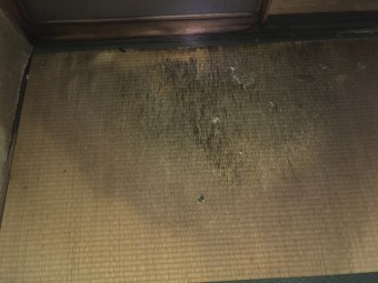 床が雨漏りで崩れてきている様子