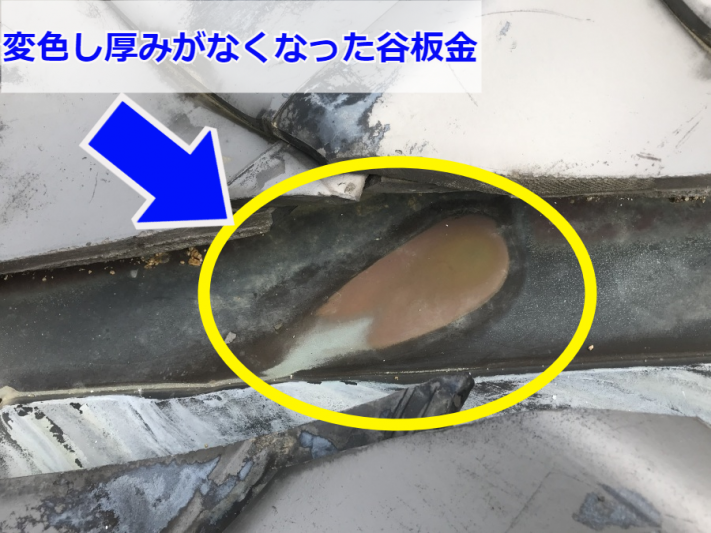 変色して厚みのなくなった谷板金