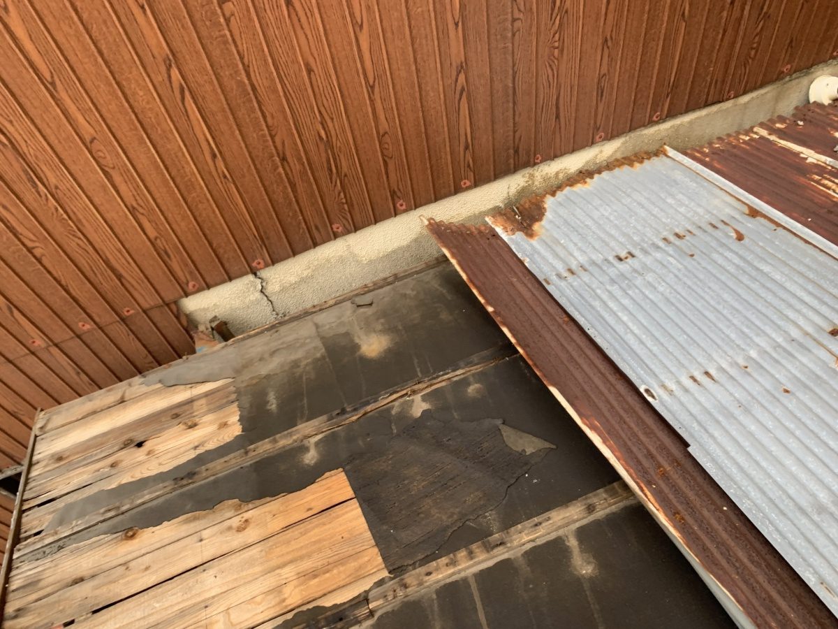 平屋の波板トタン屋根の捲れ調査。ルーフィングの破れ