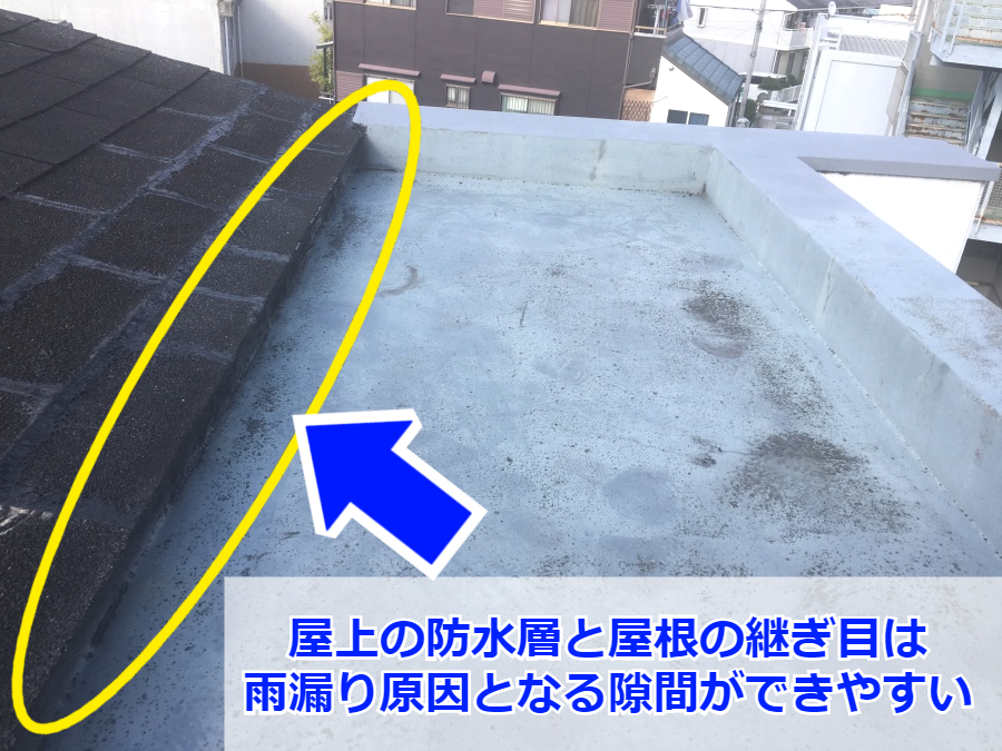 マンションの屋上の屋根材と防水層(床面)の間を点検しています