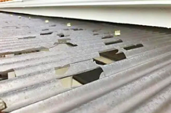 ポリカ波板の屋根を大きく貫通した穴